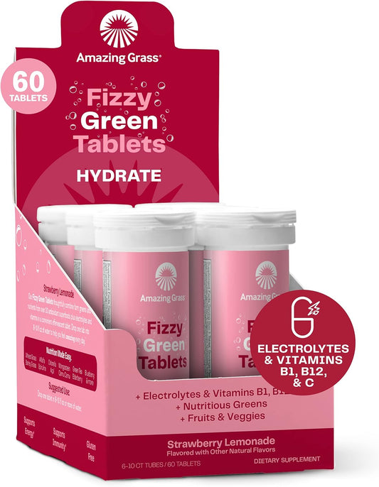 Hydrating Electrolyte Tablets with Vitamins, Fizzy Greens Water Enhancer, Strawberry Lemonade Flavor, 60 Tablets
