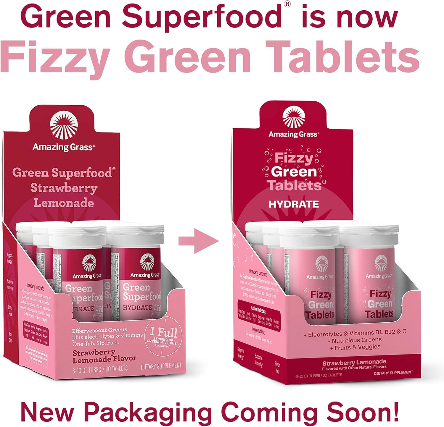 Hydrating Electrolyte Tablets with Vitamins, Fizzy Greens Water Enhancer, Strawberry Lemonade Flavor, 60 Tablets