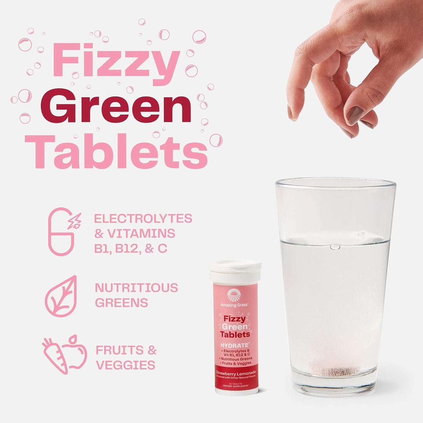 Hydrating Electrolyte Tablets with Vitamins, Fizzy Greens Water Enhancer, Strawberry Lemonade Flavor, 60 Tablets