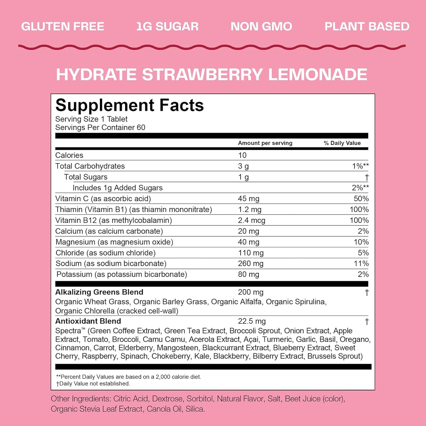 Hydrating Electrolyte Tablets with Vitamins, Fizzy Greens Water Enhancer, Strawberry Lemonade Flavor, 60 Tablets
