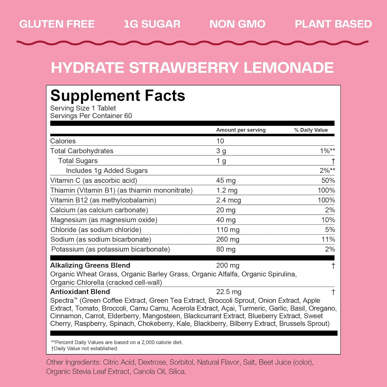 Hydrating Electrolyte Tablets with Vitamins, Fizzy Greens Water Enhancer, Strawberry Lemonade Flavor, 60 Tablets