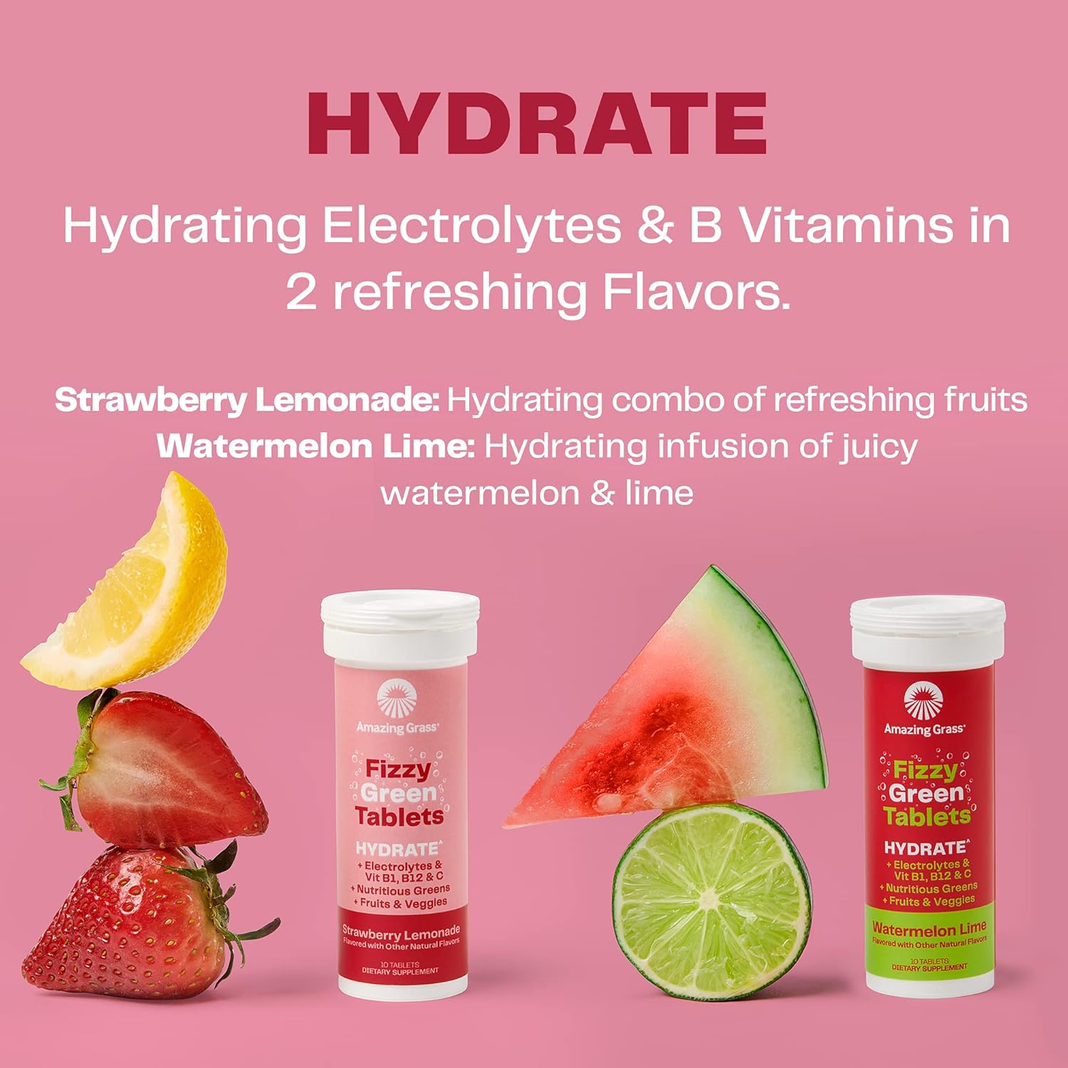 Hydrating Electrolyte Tablets with Vitamins, Fizzy Greens Water Enhancer, Strawberry Lemonade Flavor, 60 Tablets