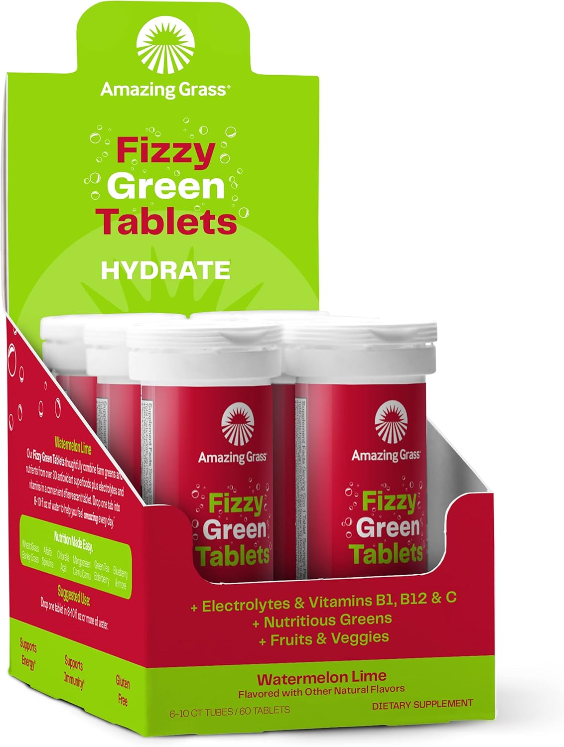 Hydrating Fizzy Greens Water Flavoring Tablets with Vitamins - Watermelon Lime Flavor, 60 Count