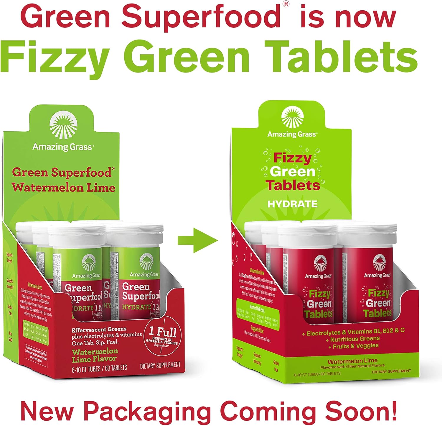 Hydrating Fizzy Greens Water Flavoring Tablets with Vitamins - Watermelon Lime Flavor, 60 Count