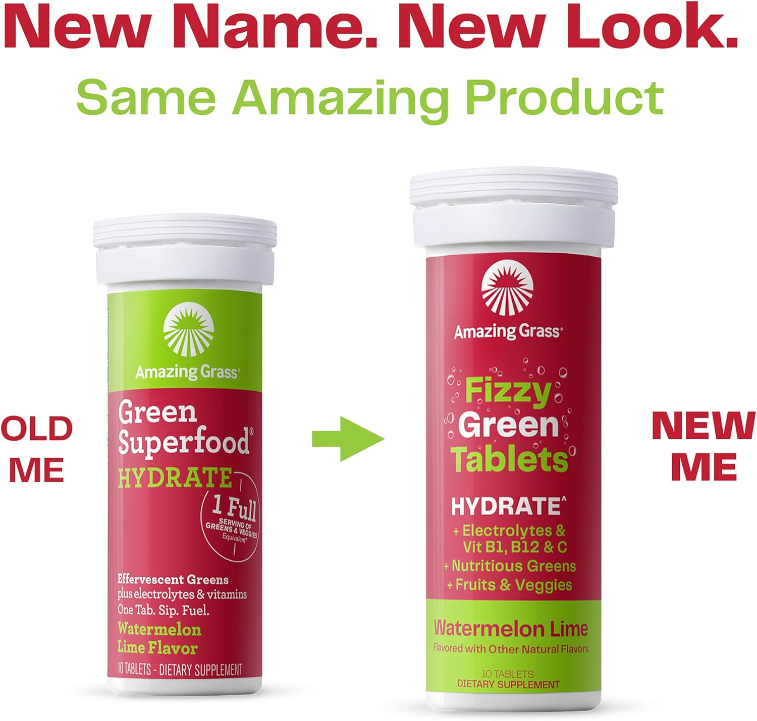 Hydrating Fizzy Greens Water Flavoring Tablets with Vitamins - Watermelon Lime Flavor, 60 Count