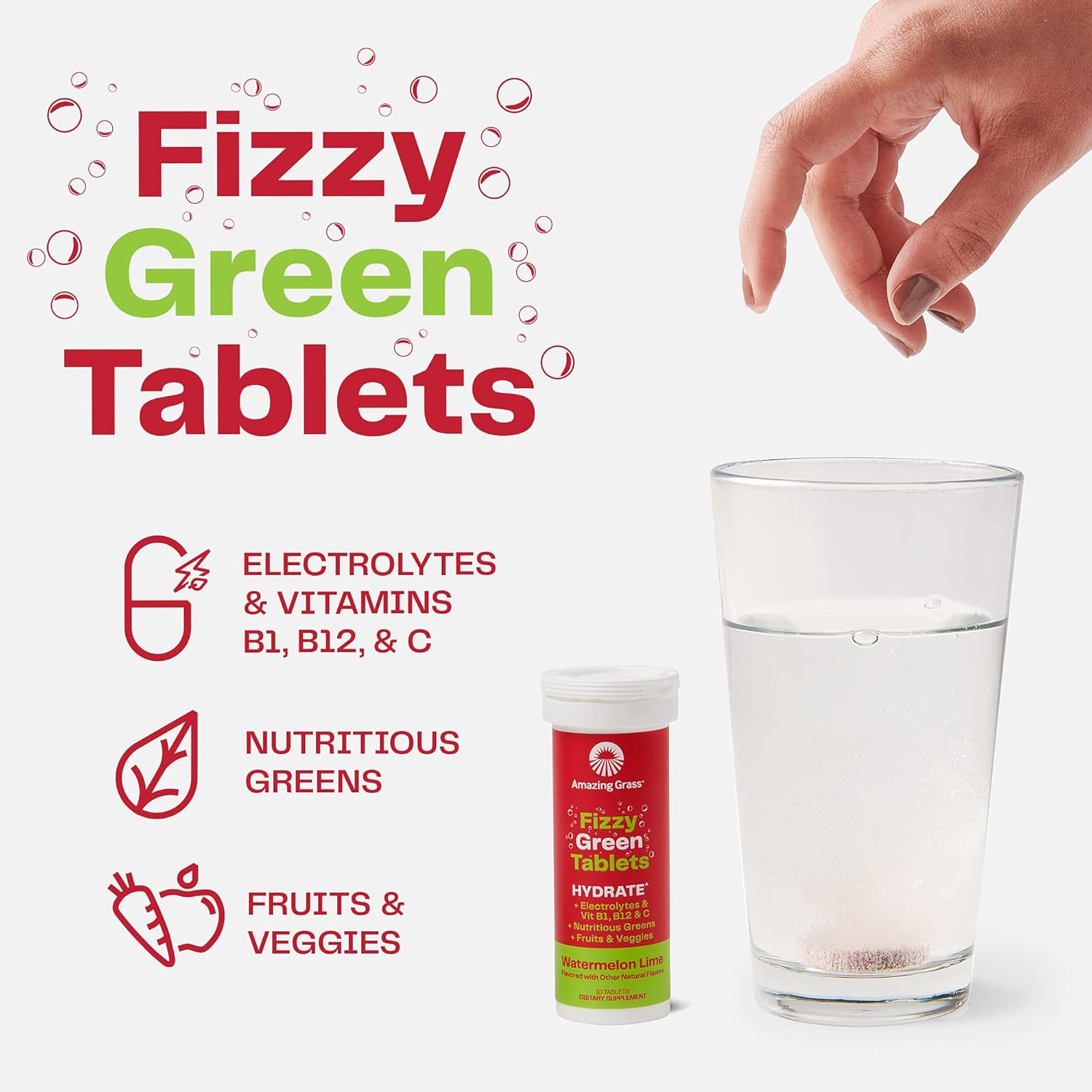 Hydrating Fizzy Greens Water Flavoring Tablets with Vitamins - Watermelon Lime Flavor, 60 Count
