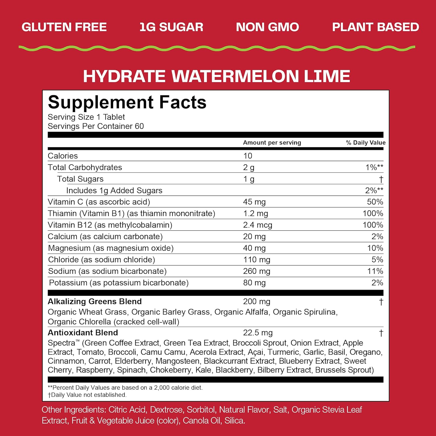 Hydrating Fizzy Greens Water Flavoring Tablets with Vitamins - Watermelon Lime Flavor, 60 Count