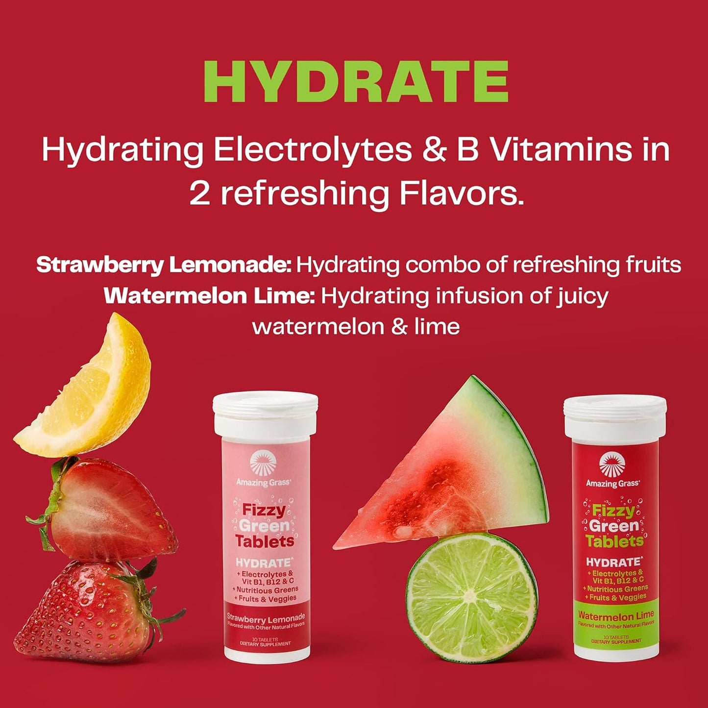 Hydrating Fizzy Greens Water Flavoring Tablets with Vitamins - Watermelon Lime Flavor, 60 Count