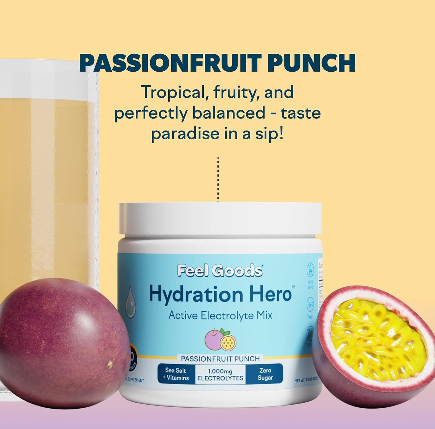 Hydration Hero Electrolyte Powder with 1,000mg Magnesium, Organic Aloe Vera, Vitamin C, B12 - Sugar Free, Keto, Vegan - Passion Fruit Punch Flavor, 30 Servings