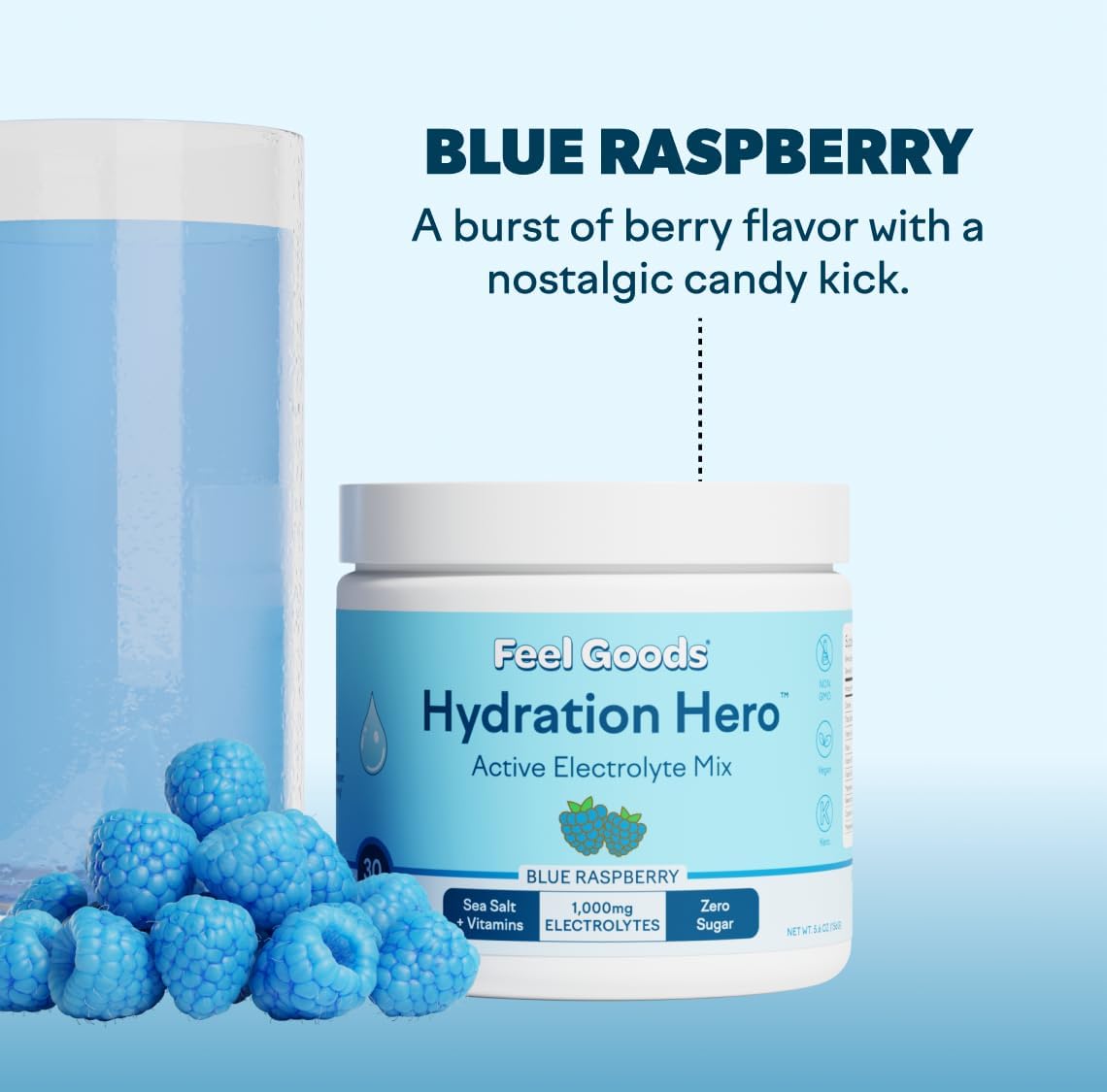 Hydration Hero Electrolyte Powder with 1,000mg, Sugar-Free, Magnesium, Aloe Vera, L Theanine, Vitamin C, B12, Keto, Vegan, Plant-Based - Blue Raspberry, 30 Servings