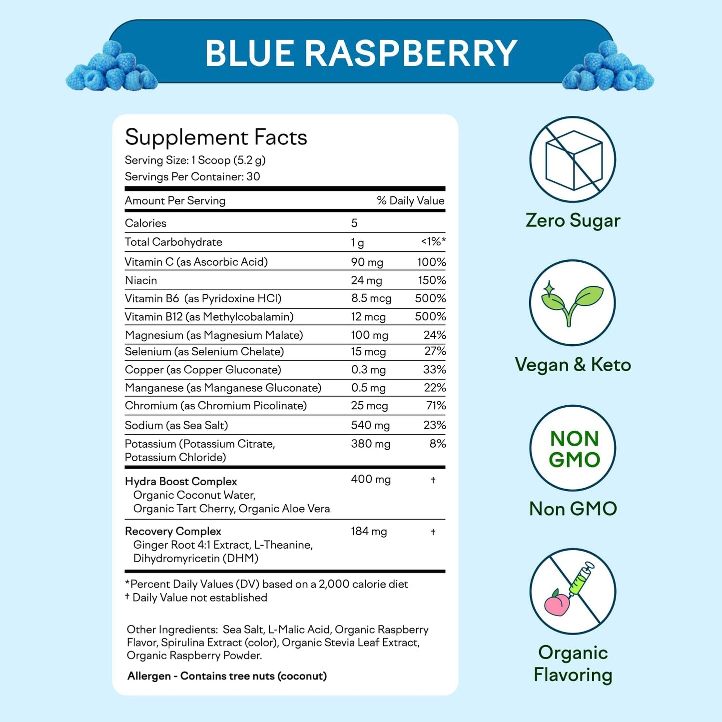 Hydration Hero Electrolyte Powder with 1,000mg, Sugar-Free, Magnesium, Aloe Vera, L Theanine, Vitamin C, B12, Keto, Vegan, Plant-Based - Blue Raspberry, 30 Servings
