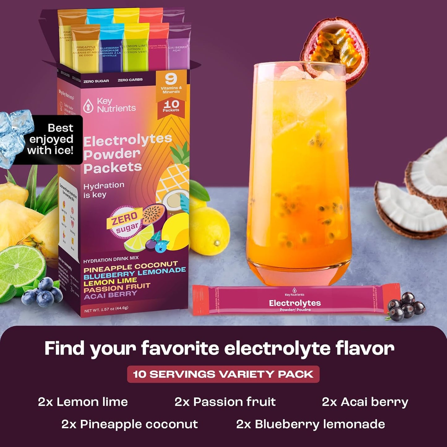 Hydration Packets with Key Nutrients - 5 Delicious Flavors, Sugar-Free Electrolyte Powder, Gluten Free, Non GMO - 10 Pack, Made in USA - BoostGo Australia