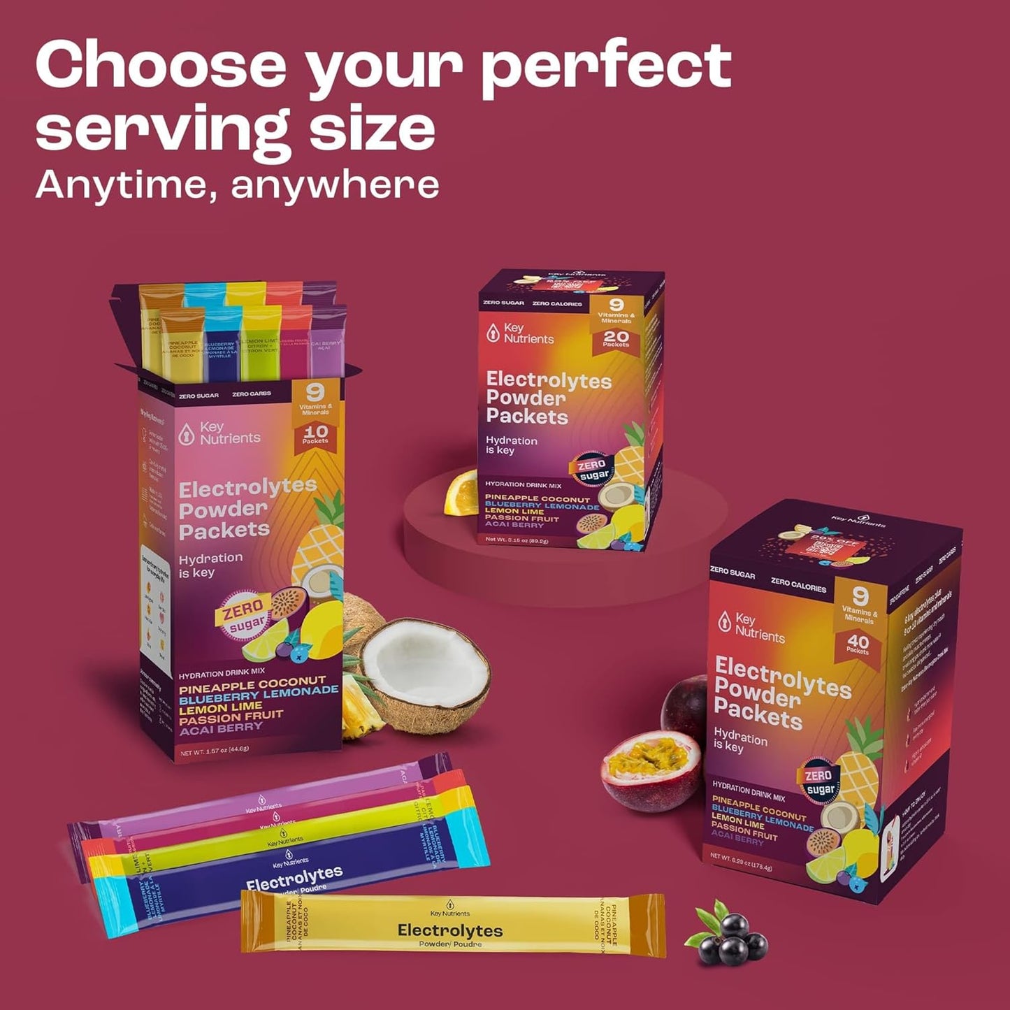 Hydration Packets with Key Nutrients - 5 Delicious Flavors, Sugar-Free Electrolyte Powder, Gluten Free, Non GMO - 10 Pack, Made in USA - BoostGo Australia