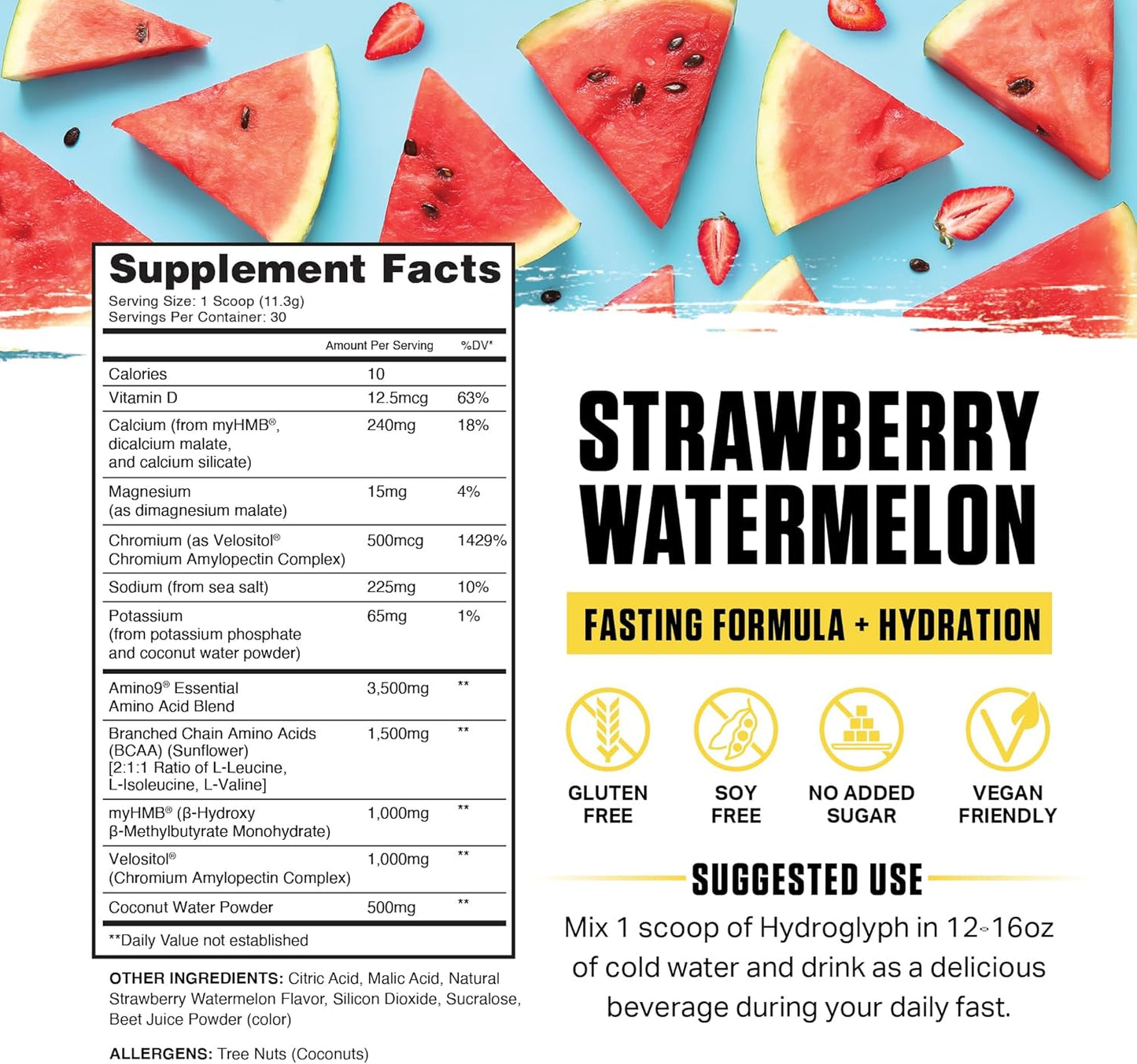 Hydration Powder with BCAA, EAA, and Electrolytes - Lean Muscle Protection Drink Mix with Coconut Water (Strawberry Watermelon)