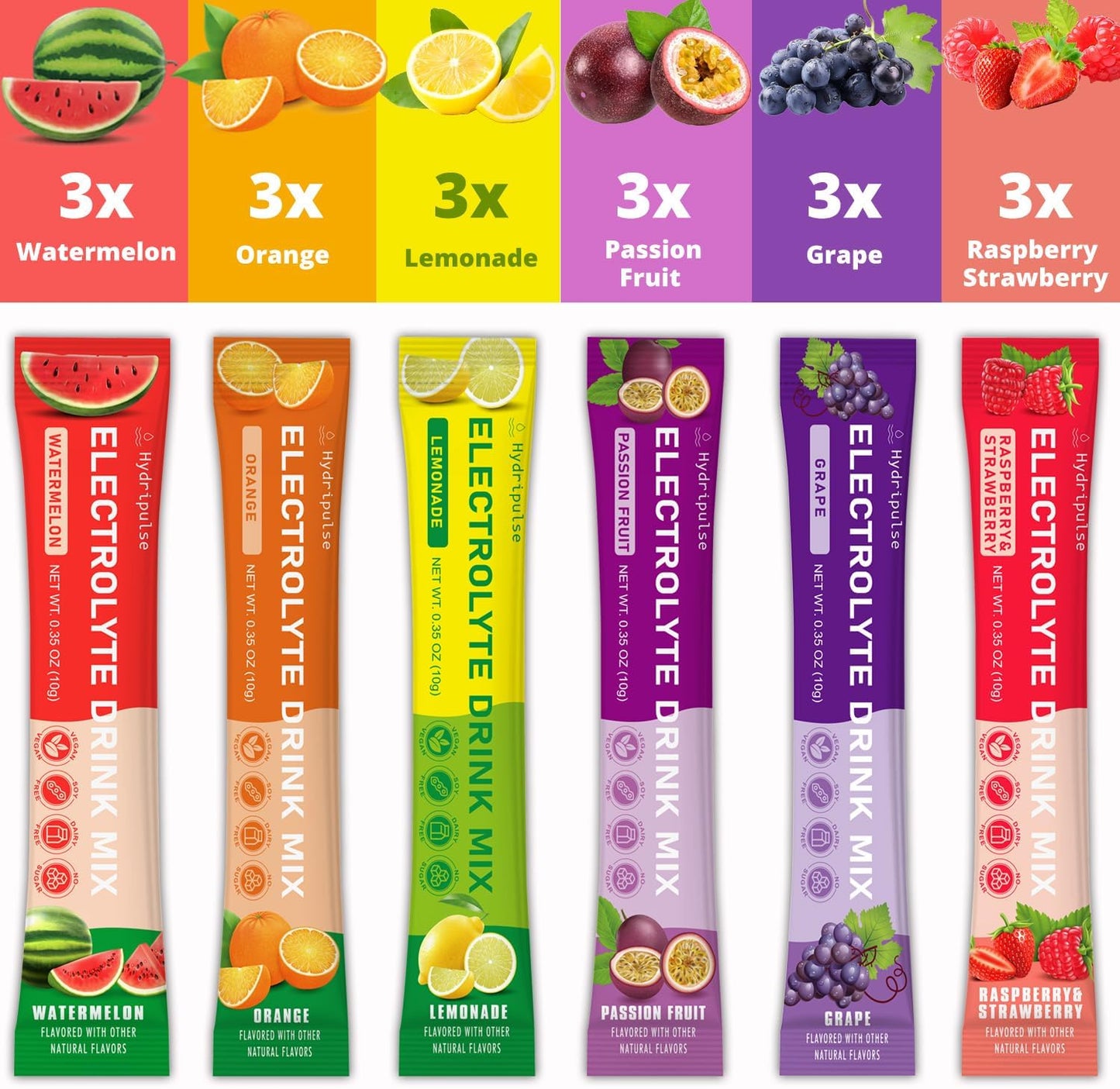 HydriPulse Electrolytes Powder Packets - Variety Pack of 10 Electrolyte & Vitamin Drink Mix Flavors - Sugar Free, Naturally Flavored, Keto Friendly - 18 Packets, Vegan & Non-GMO