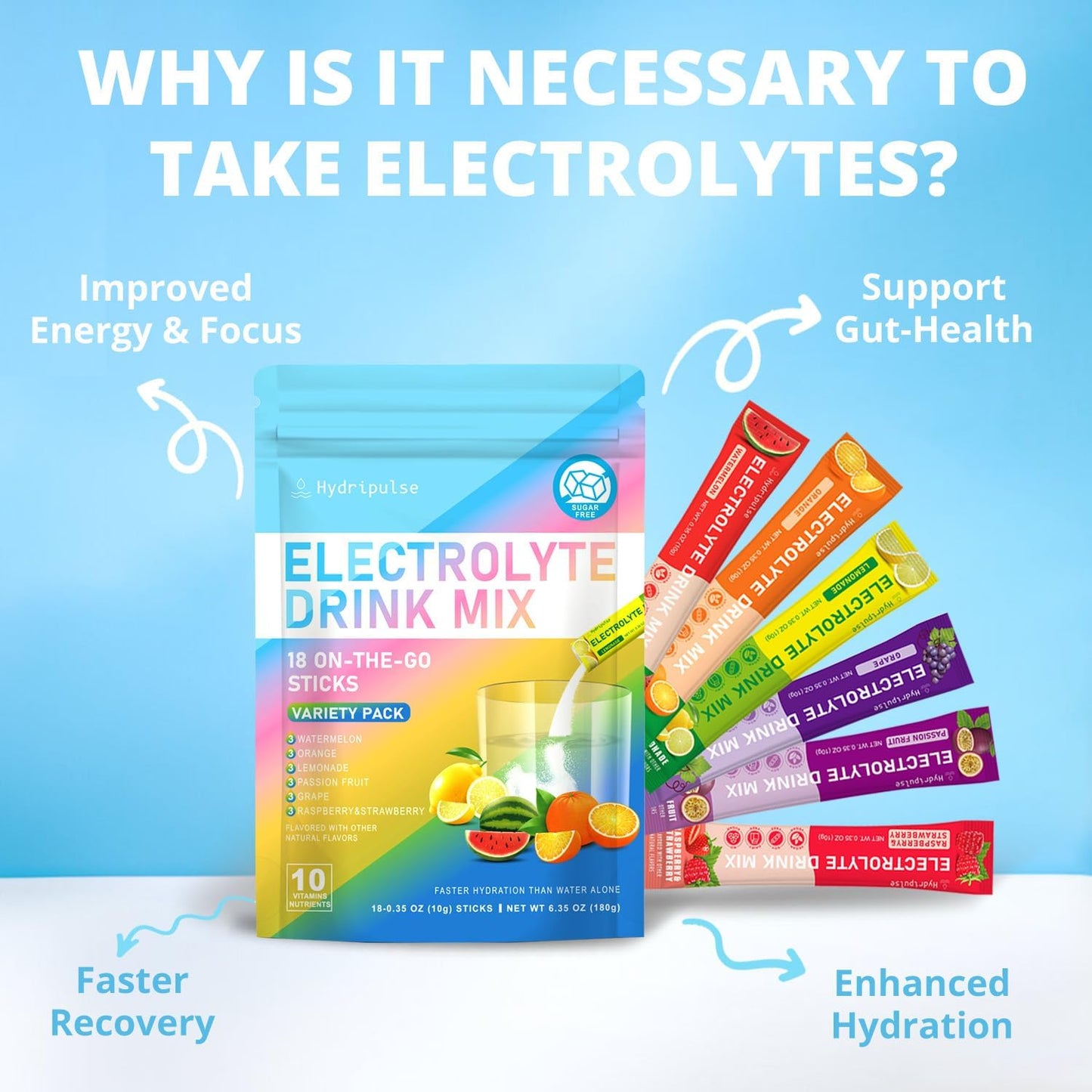 HydriPulse Electrolytes Powder Packets - Variety Pack of 10 Electrolyte & Vitamin Drink Mix Flavors - Sugar Free, Naturally Flavored, Keto Friendly - 18 Packets, Vegan & Non-GMO