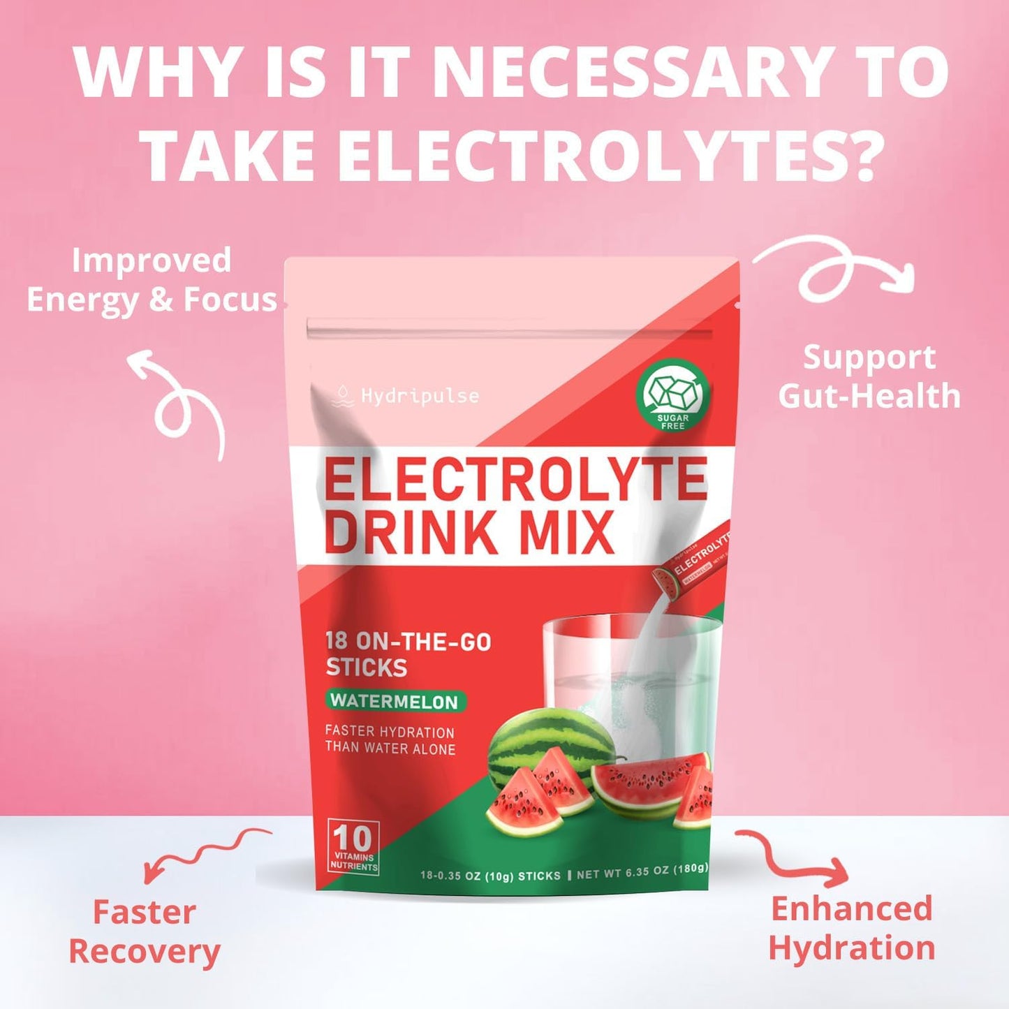 HydriPulse Watermelon Electrolyte Powder Packets - Sugar Free, 10 Electrolytes & Vitamins, Vegan Keto Drink Mix
