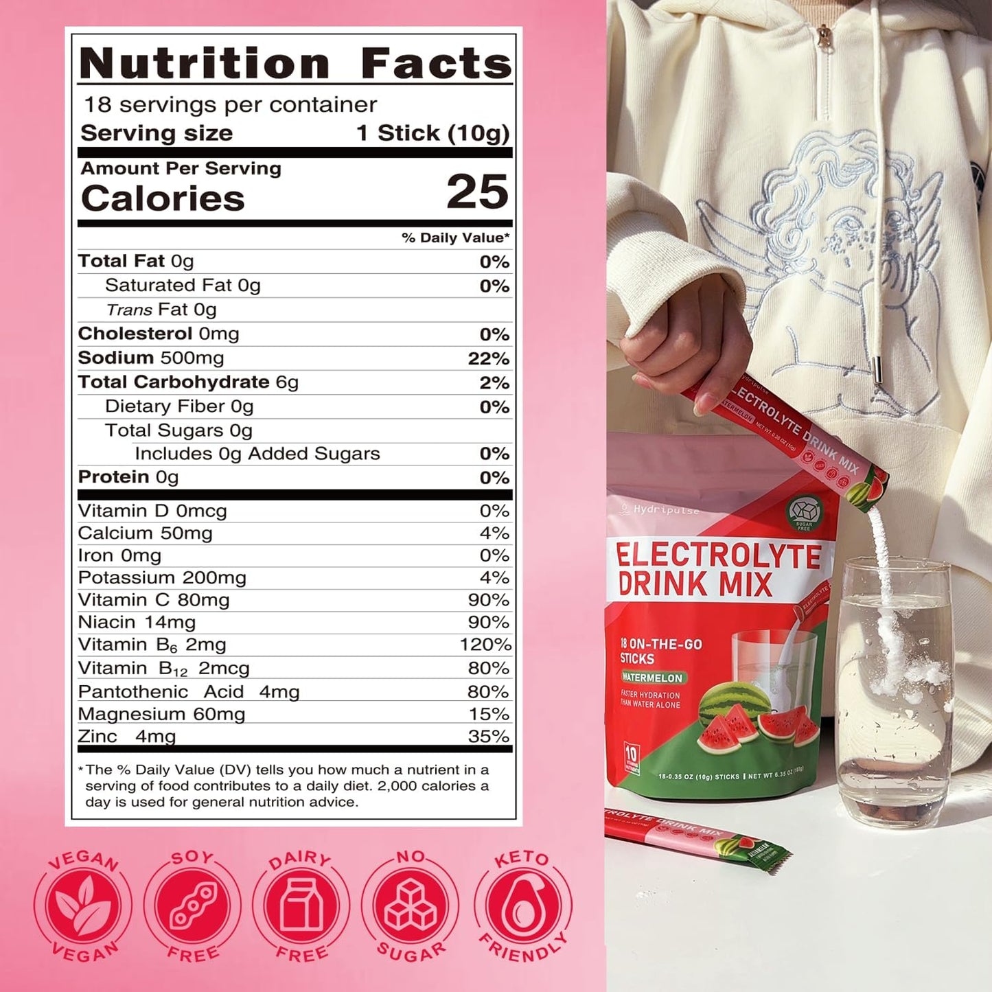 HydriPulse Watermelon Electrolyte Powder Packets - Sugar Free, 10 Electrolytes & Vitamins, Vegan Keto Drink Mix