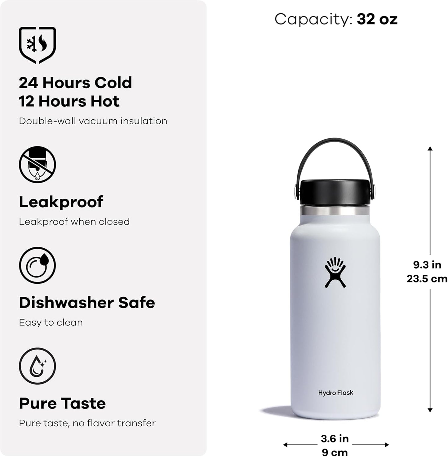 Hydro Flask Wide Mouth Stainless Steel Water Bottle with Leakproof Lid for Cold Drinks, Sports, Travel, Car, School - Vacuum Insulated