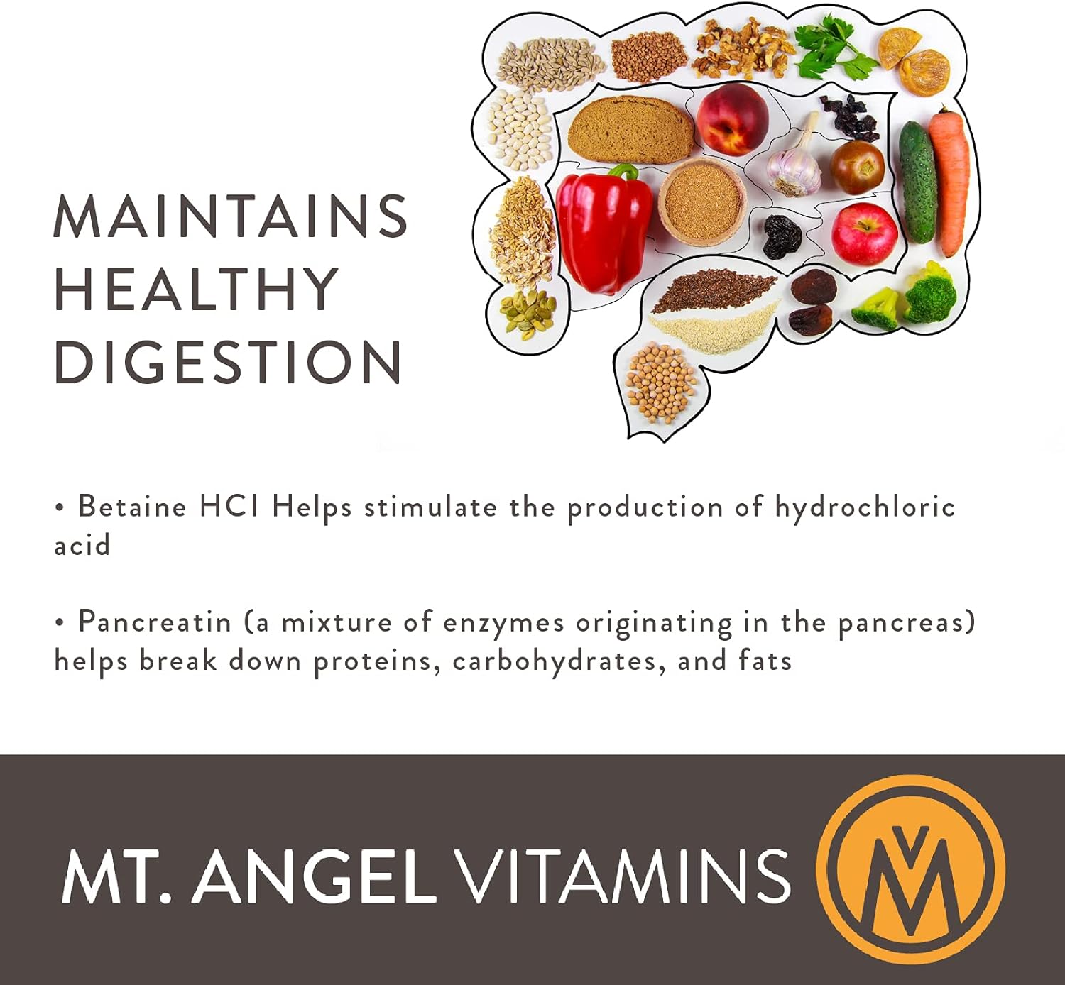 Hydrochloric Acid Betaine Supplement for Healthy Digestion - 100 Vegetarian Chlorocaps by Mt. Angel Vitamins