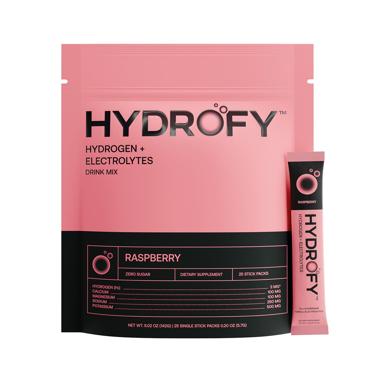 Hydrofy Hydrogen Water Drink Mix with Electrolytes | Raspberry Flavor | 25 Packets | No Sugar & Minerals for Superior Hydration