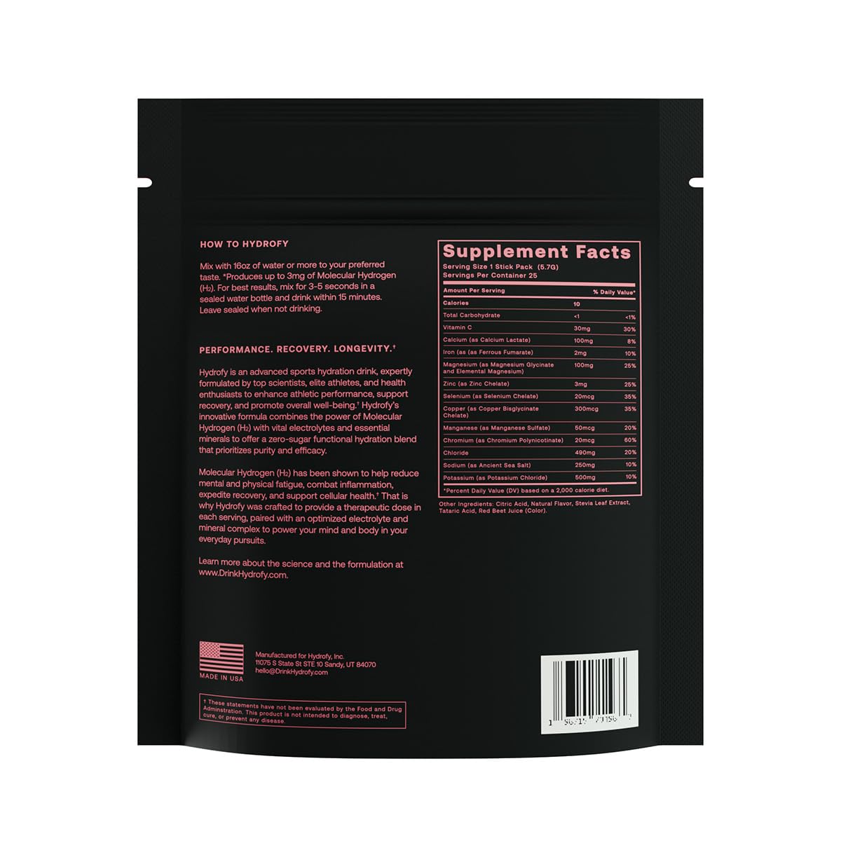 Hydrofy Hydrogen Water Drink Mix with Electrolytes | Raspberry Flavor | 25 Packets | No Sugar & Minerals for Superior Hydration