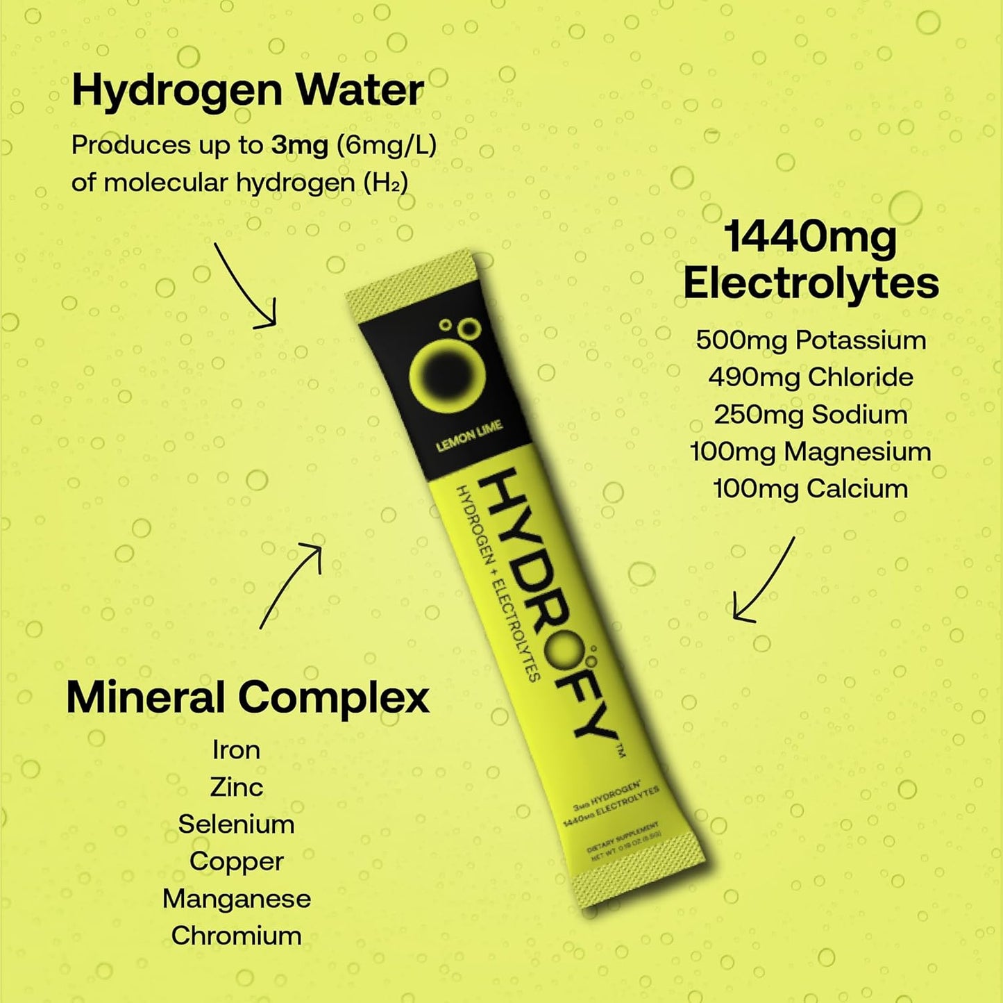 Hydrofy Hydrogen Water & Electrolyte Drink Mix Packets - Superior Hydration with H2, Sodium, Potassium, Magnesium, Calcium, Minerals - Lemon Lime - 25 ct - Sugar-Free