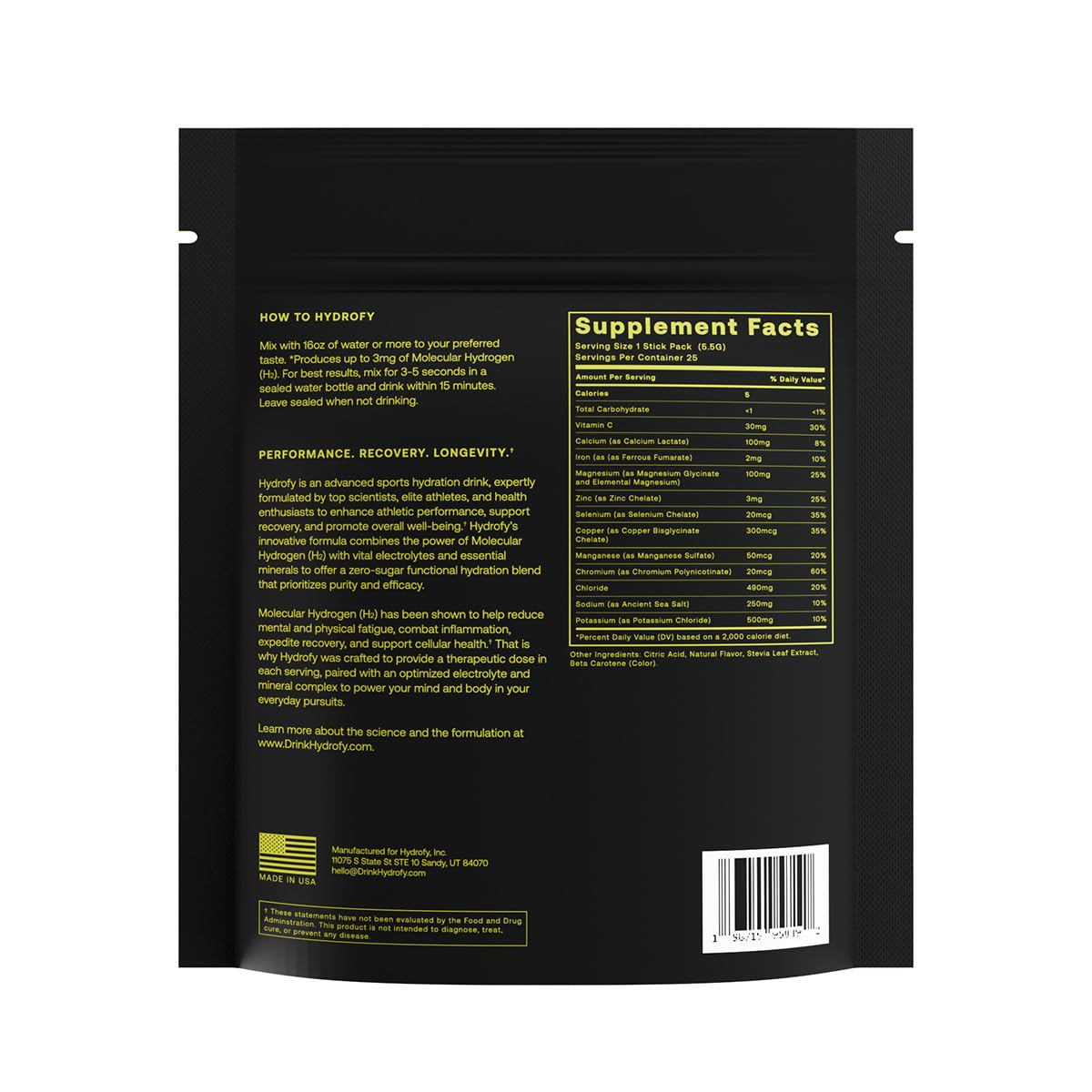 Hydrofy Hydrogen Water & Electrolyte Drink Mix Packets - Superior Hydration with H2, Sodium, Potassium, Magnesium, Calcium, Minerals - Lemon Lime - 25 ct - Sugar-Free