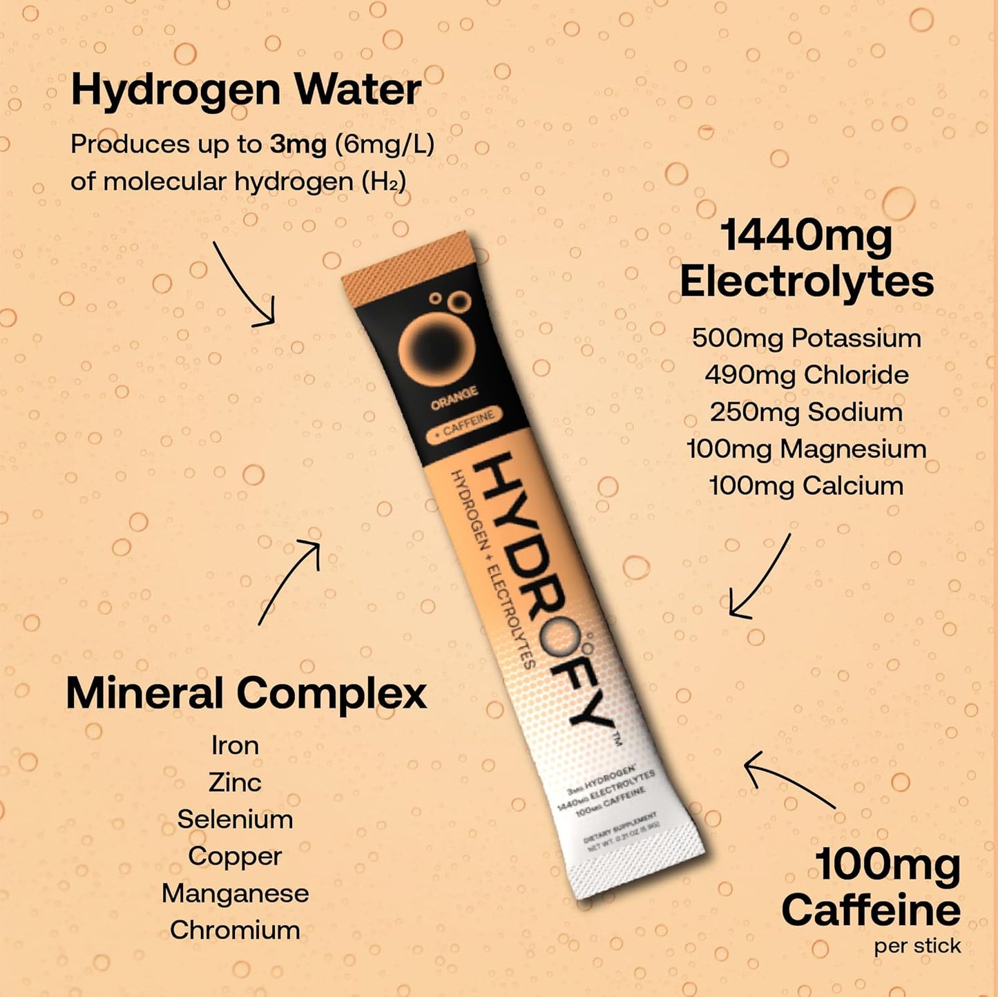 Hydrofy Hydrogen Water + Electrolytes Drink Mix Packets - Orange Caffeine Flavor - 25 ct - Sugar-Free - Enhanced Hydration with H2 & Minerals