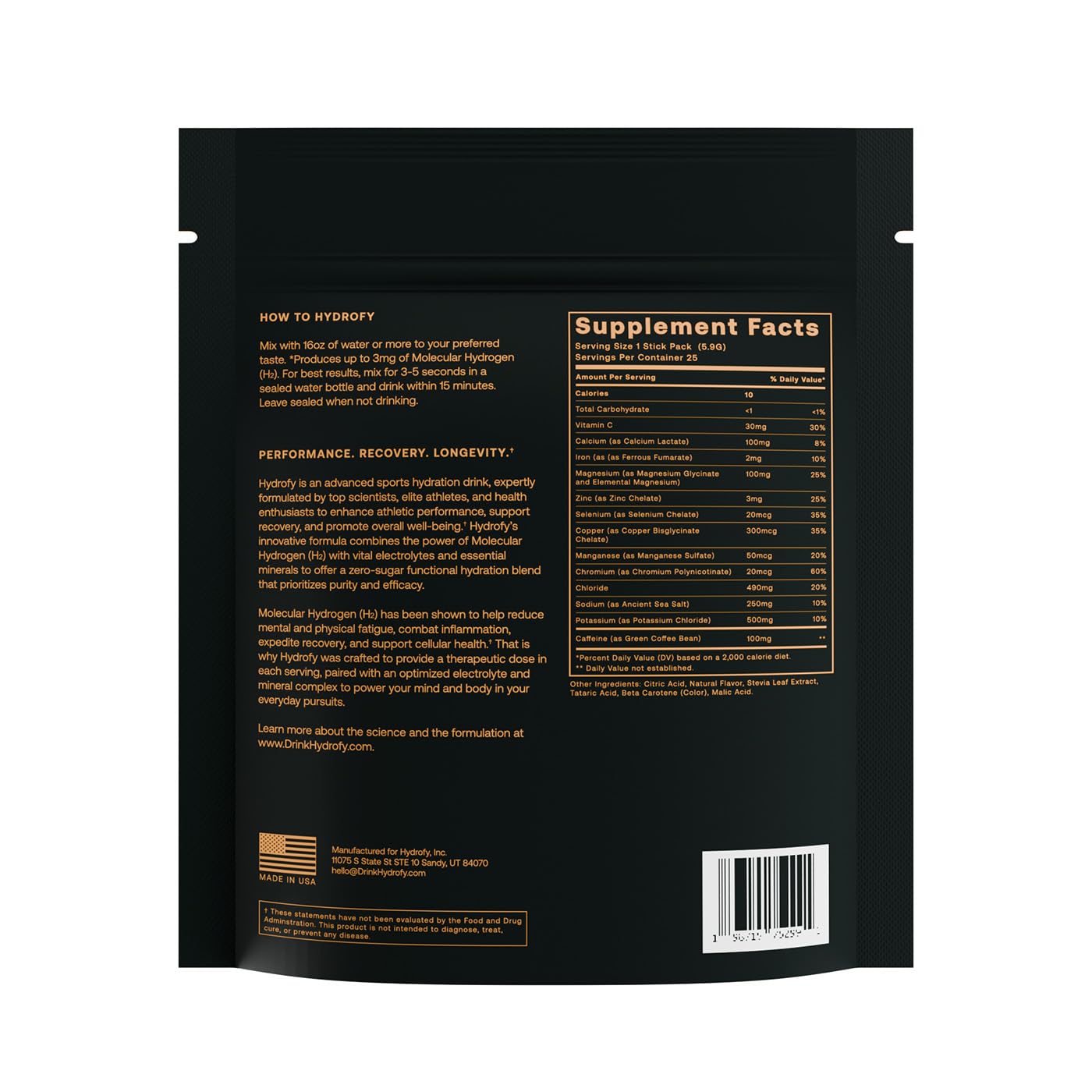 Hydrofy Hydrogen Water + Electrolytes Drink Mix Packets - Orange Caffeine Flavor - 25 ct - Sugar-Free - Enhanced Hydration with H2 & Minerals