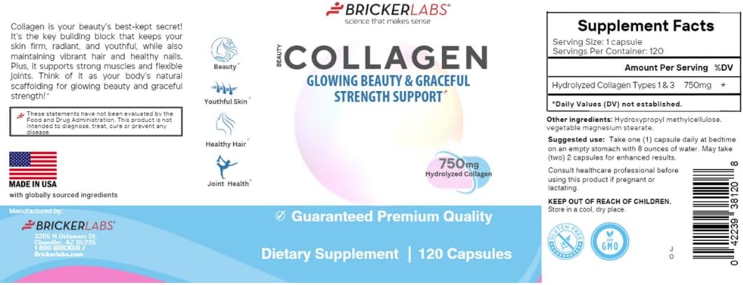 Hydrolized Collagen Supplement for Men & Women - Type I & III Collagen Capsules 750mg - 120 Day Supply