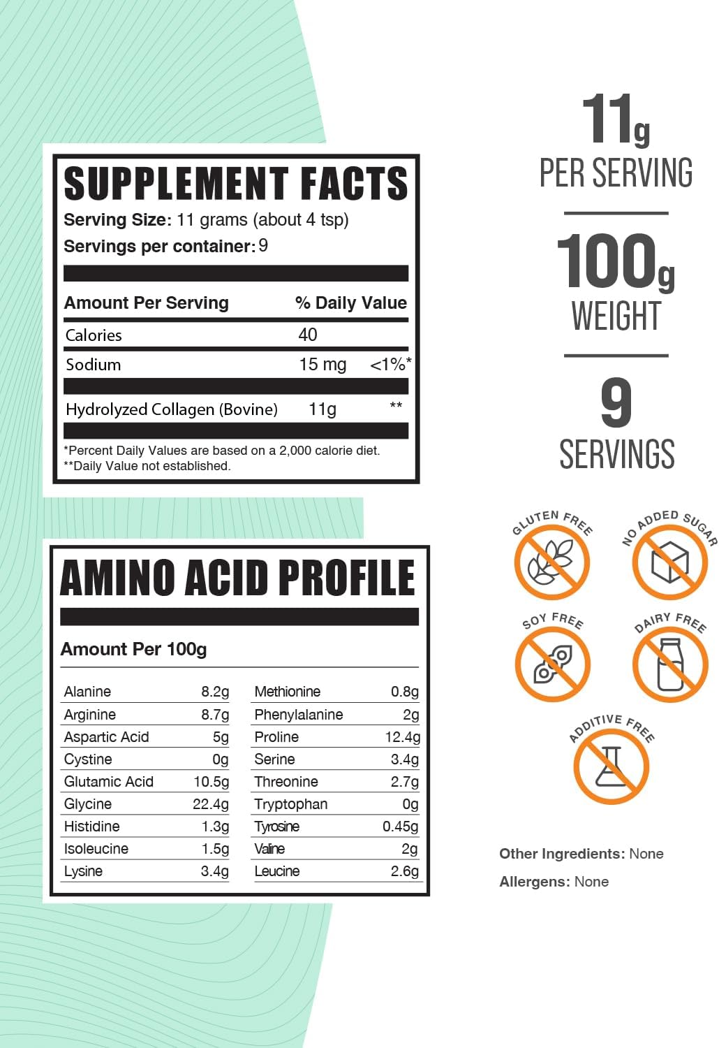 Hydrolyzed Bovine Collagen Peptides Powder - Gluten Free, 11g per Serving, 100g - Bulk Supplement