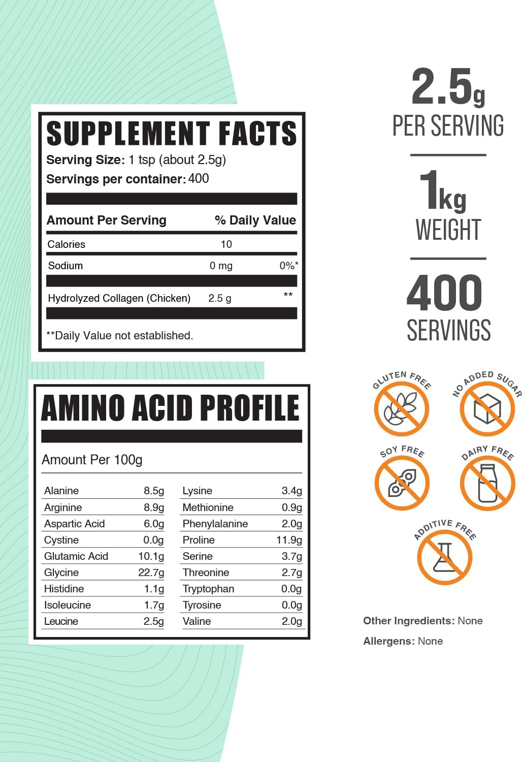 Hydrolyzed Chicken Collagen Peptides Powder - 2500mg per Serving, Gluten Free - 1kg (2.2 lbs) Pack - Collagen Supplement