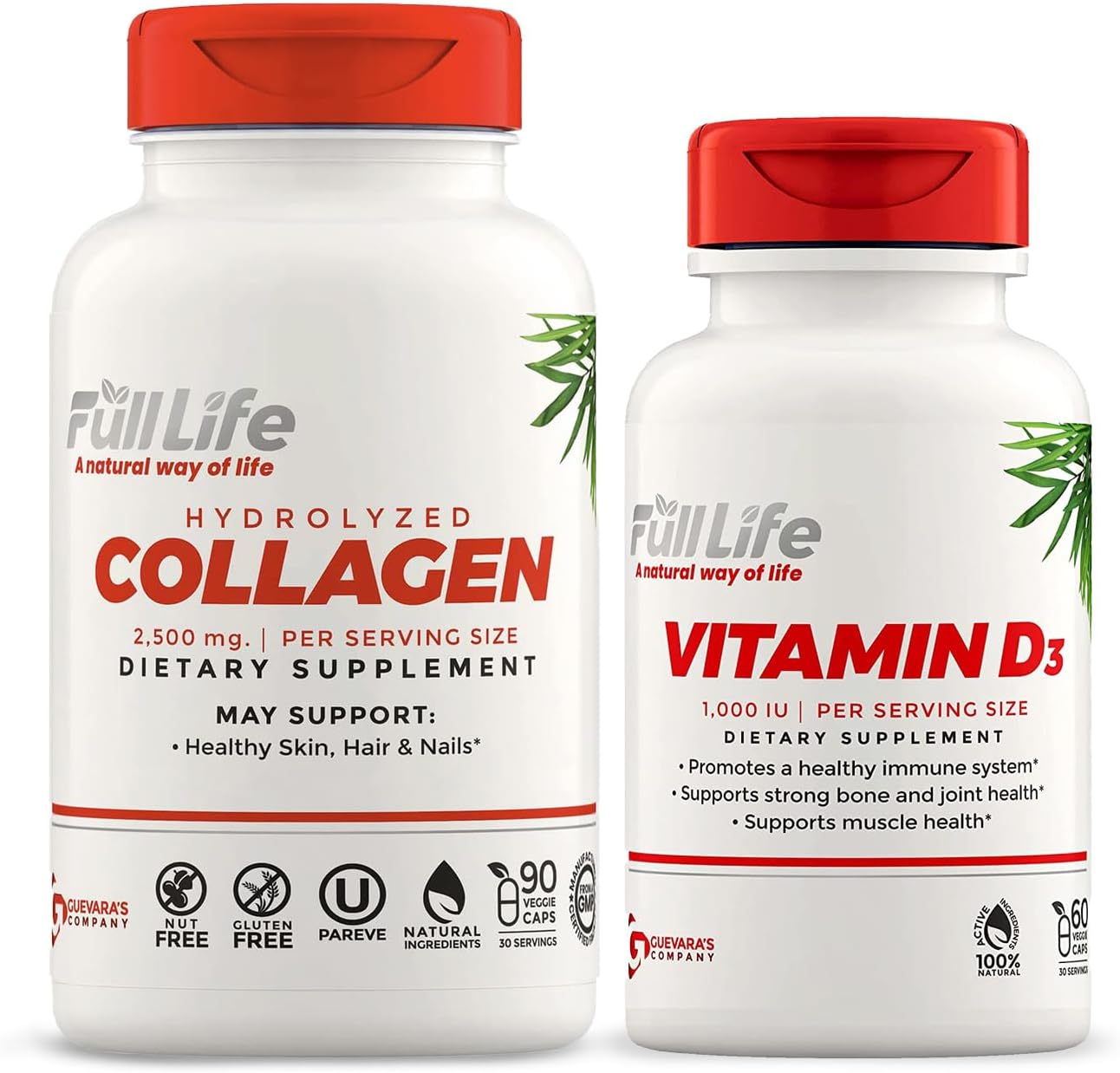 Hydrolyzed Collagen and Vitamin D3 Supplements - Bovine Collagen Pills for Women and Men - Gluten-Free Veggie Capsules for a Full Life