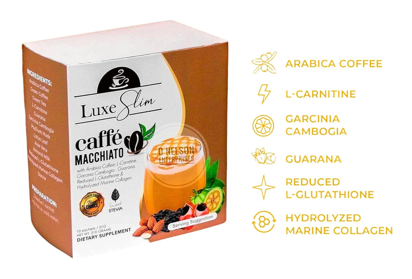Hydrolyzed Collagen & Glutathione Cafe Macchiato Sachets - 21g x 10, Pack of 10 - Luxe Slim Formula