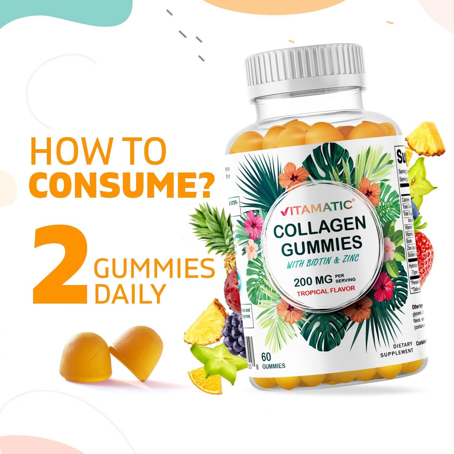 Hydrolyzed Collagen Gummies with Vitamin C, Zinc, and Biotin - 2 Pack, 200 mg, 120 Gummies