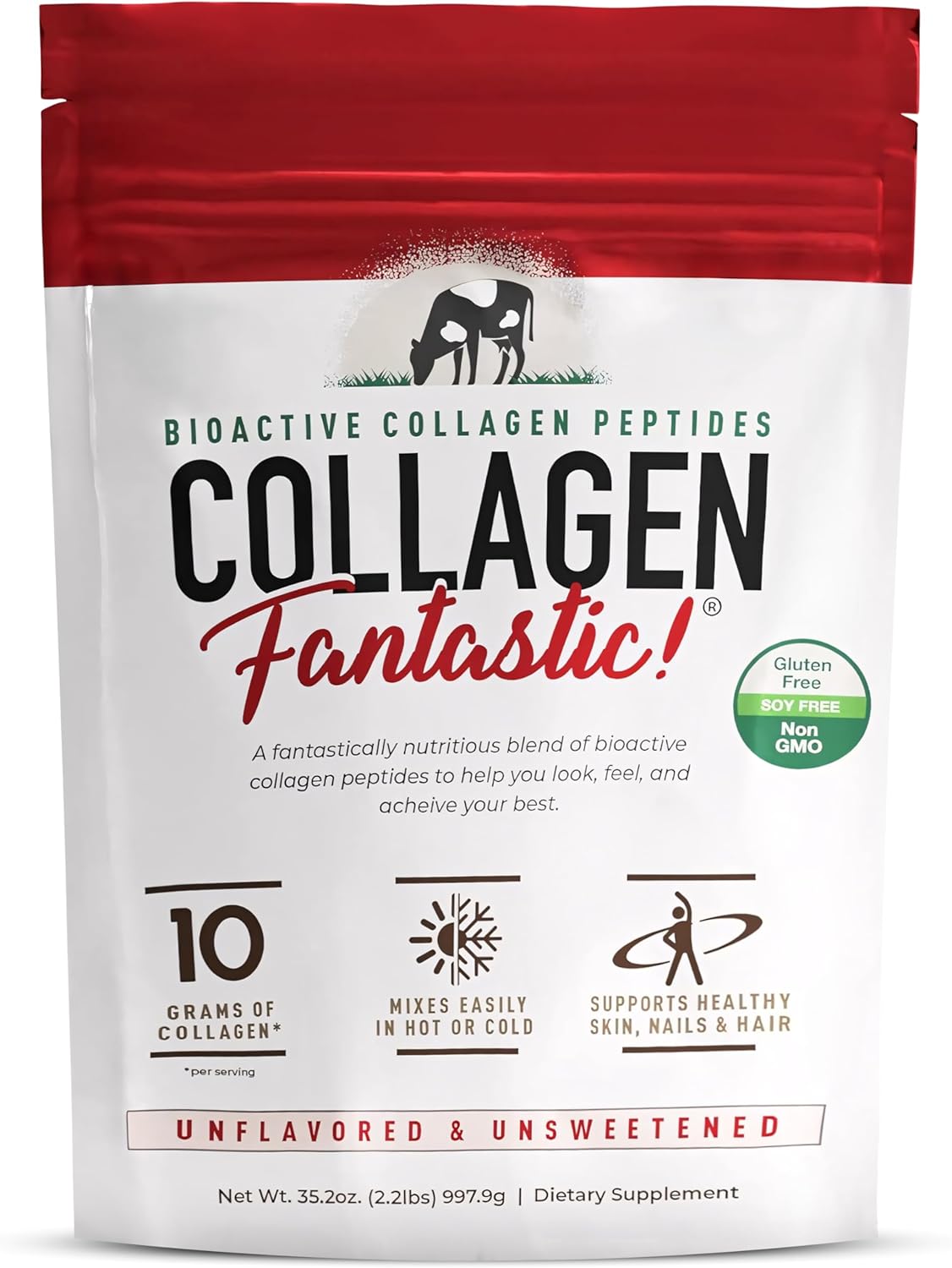 Hydrolyzed Collagen Peptides Powder - Grass Fed Bovine Protein for Joint, Bone & Skin Support - 90 Servings, Type 1 & III, Gluten Free & Non-GMO - 2.2 Lb