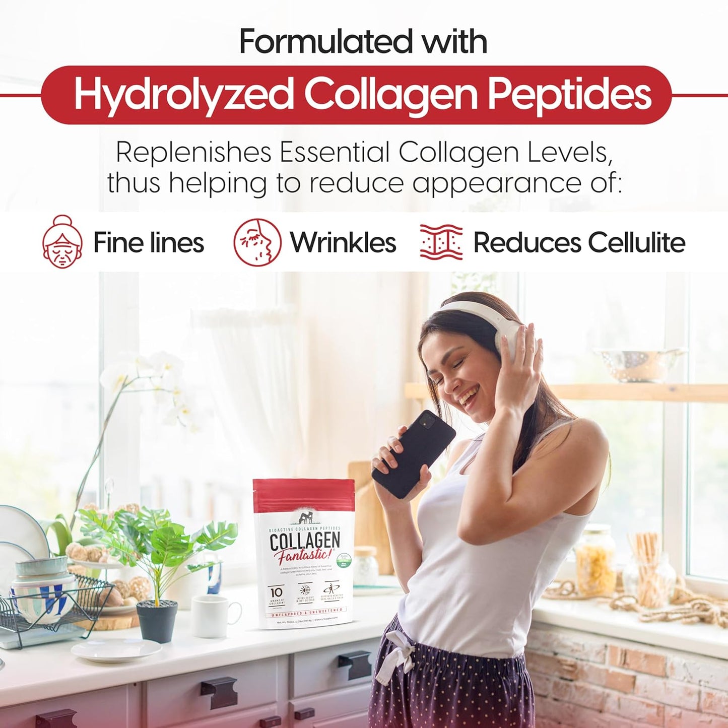 Hydrolyzed Collagen Peptides Powder - Grass Fed Bovine Protein for Joint, Bone & Skin Support - 90 Servings, Type 1 & III, Gluten Free & Non-GMO - 2.2 Lb