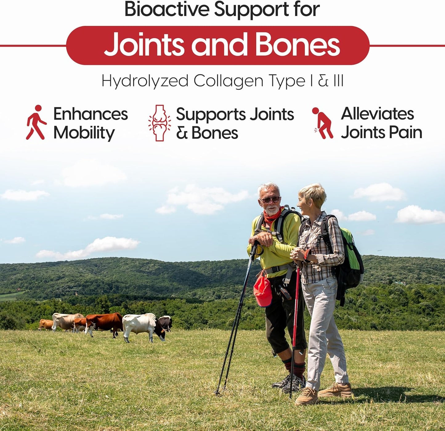 Hydrolyzed Collagen Peptides Powder - Grass Fed Bovine Protein for Joint, Bone & Skin Support - 90 Servings, Type 1 & III, Gluten Free & Non-GMO - 2.2 Lb
