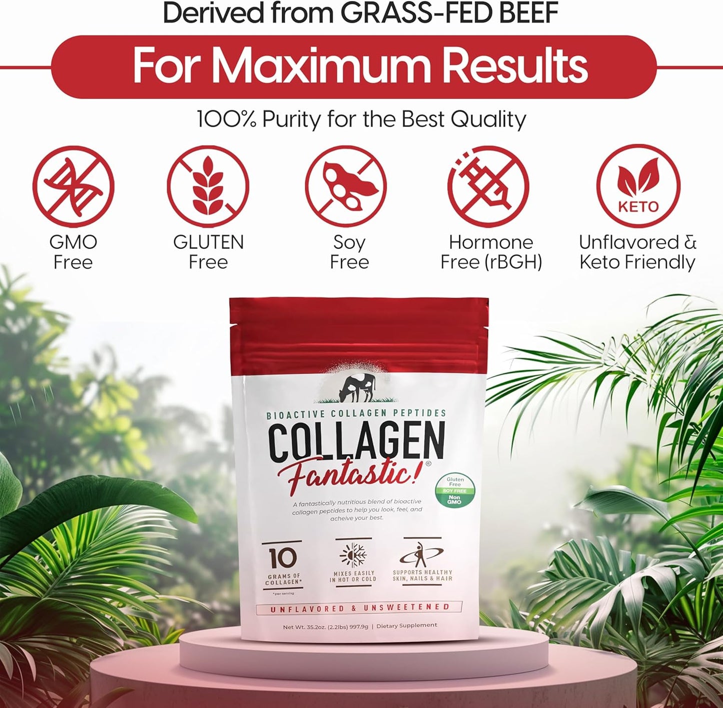 Hydrolyzed Collagen Peptides Powder - Grass Fed Bovine Protein for Joint, Bone & Skin Support - 90 Servings, Type 1 & III, Gluten Free & Non-GMO - 2.2 Lb