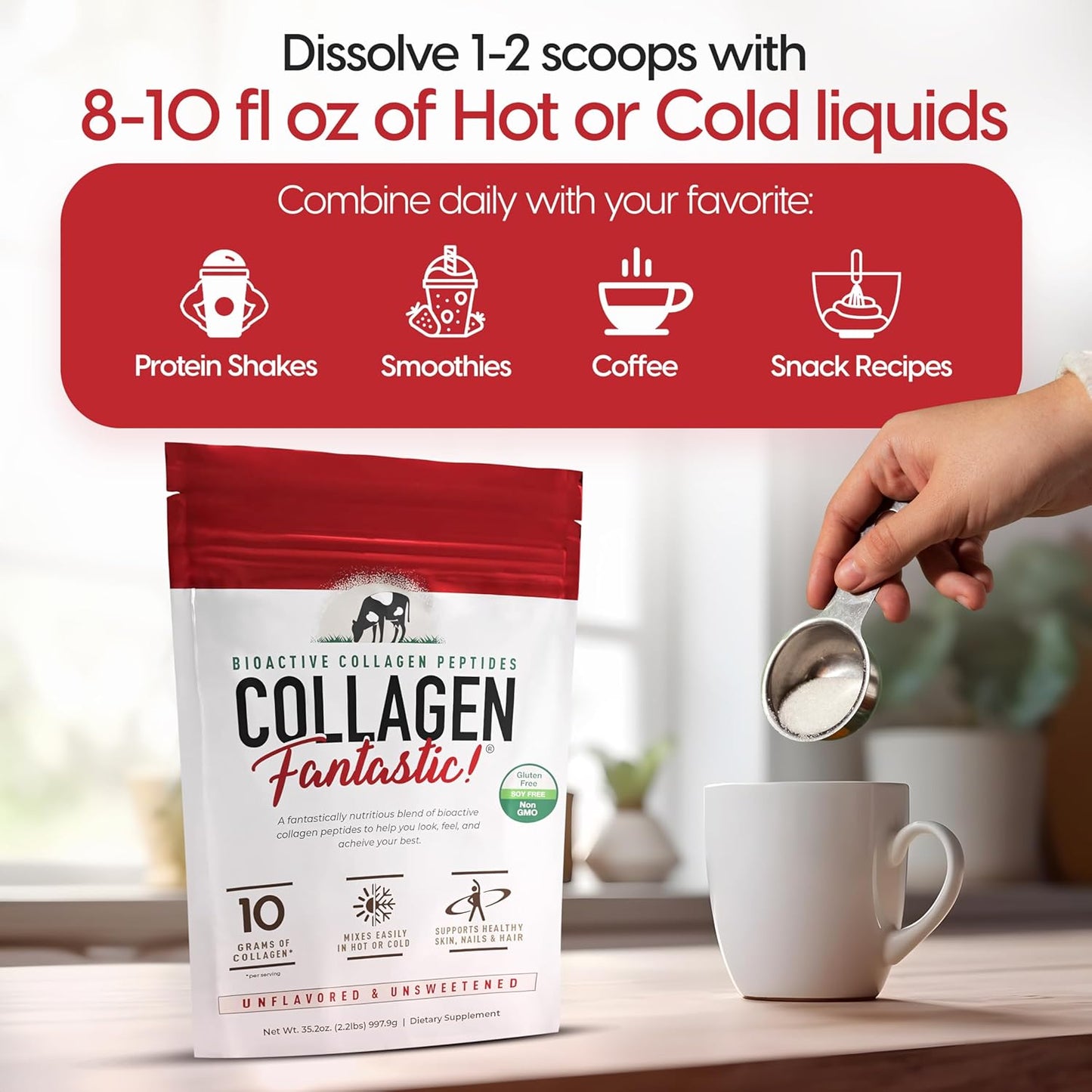 Hydrolyzed Collagen Peptides Powder - Grass Fed Bovine Protein for Joint, Bone & Skin Support - 90 Servings, Type 1 & III, Gluten Free & Non-GMO - 2.2 Lb