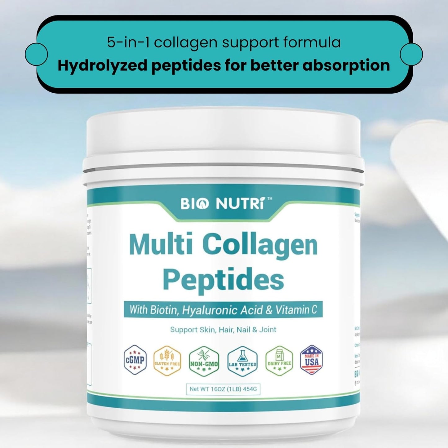 Hydrolyzed Collagen Peptides Powder with Biotin & HA - Supports Hair, Skin, Nails, and Joints - 5 Types of Collagen Peptides