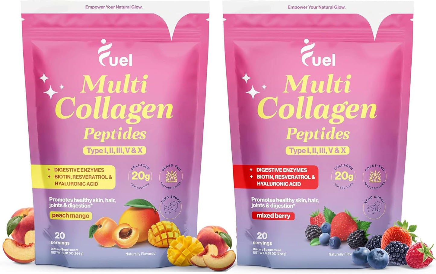 Hydrolyzed Collagen Peptides Powder with Hyaluronic Acid & Biotin, Peach Mango & Mixed Berry Flavors - Promotes Skin, Hair & Nail Health, 20 Servings