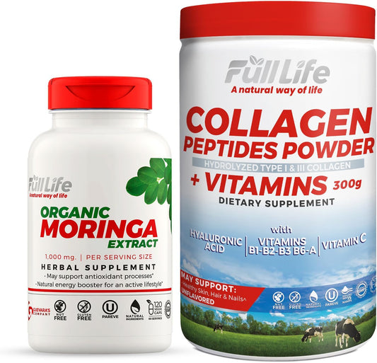 Hydrolyzed Collagen Peptides Powder with Moringa Oleifera Capsules - Gluten-Free Supplement for Women and Men - Vegetarian Capsules