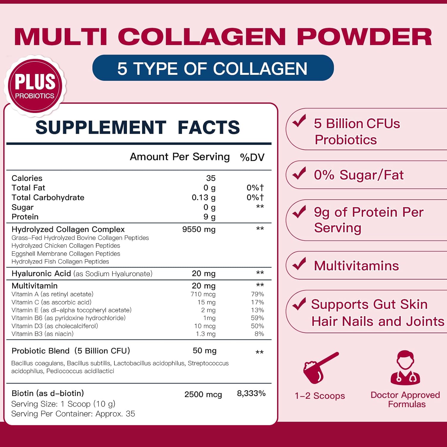 Hydrolyzed Collagen Peptides Powder with Probiotics, Multivitamins, Hyaluronic Acid, and Biotin - 35 Servings - Supports Skin, Hair, Nails, Joints, and Gut