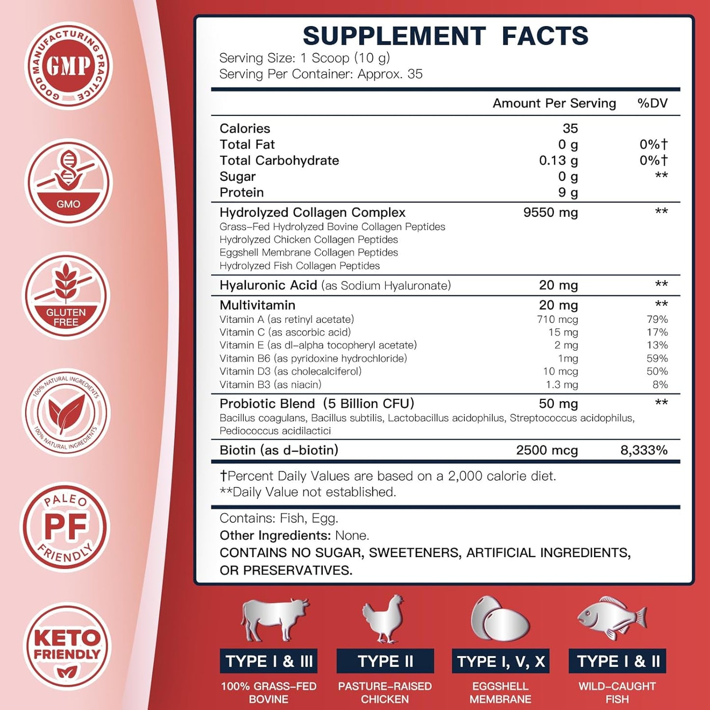 Hydrolyzed Collagen Peptides Powder with Probiotics, Hyaluronic Acid, Biotin & Multivitamins - Skin, Hair, Joint, & Gut Support - 35 Servings