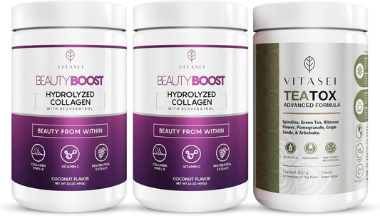 Hydrolyzed Collagen Peptides Powder with Vitamin C, Resveratrol, and Teatox Cleanse Support Powder - Digestion Booster with Green Tea, Spirulina, Artichoke