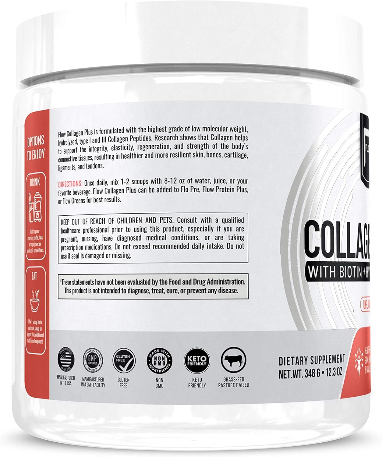 Hydrolyzed Collagen Peptides Protein Powder with Hyaluronic Acid, Biotin - Type I & III - 348g Pack