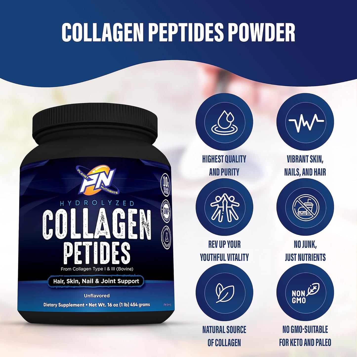 Hydrolyzed Collagen Peptides Type I & III - Support for Hair, Skin, Nails, Joints - Planet Nutrients