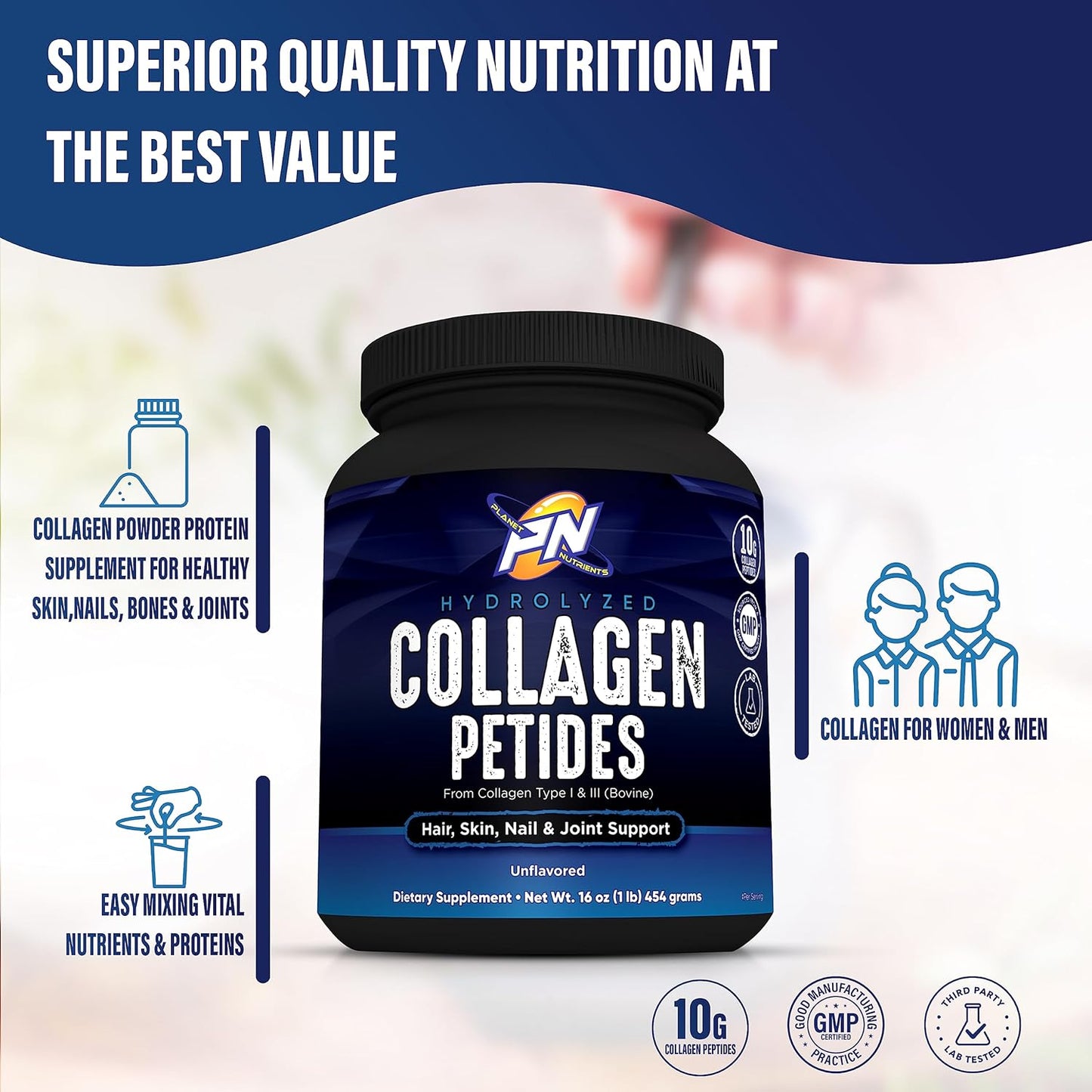Hydrolyzed Collagen Peptides Type I & III - Support for Hair, Skin, Nails, Joints - Planet Nutrients